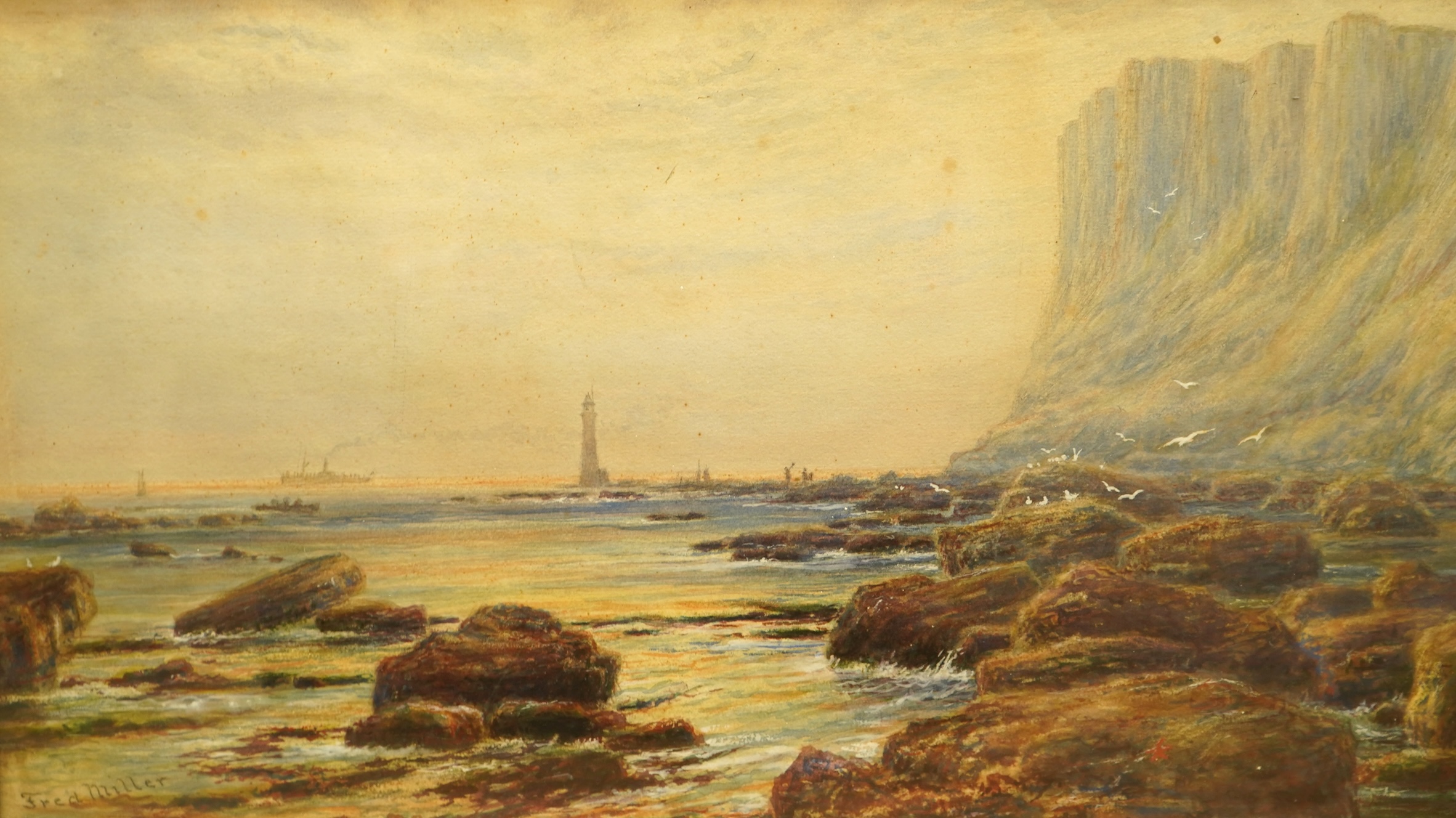 Frederick Miller (fl.1880-1892), Seaford and Beachy Head Views, each signed, two watercolours and mixed medias, 30 x 50cm